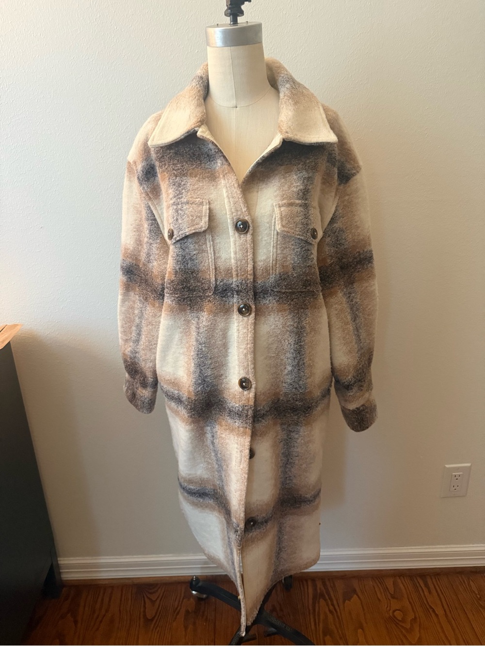 Lovers + Friends Cream and Brown Plaid Long Coat